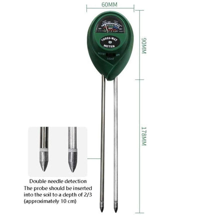 3-in-1 Soil Tester for Garden pH, Moisture, and Light Levels - green double-needle probe meter with dimensions for potted plants and garden beds