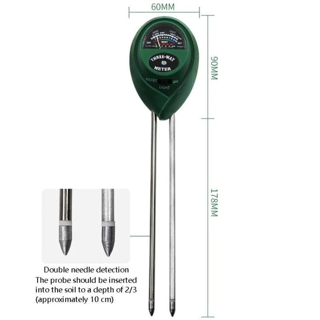 3-in-1 Soil Tester for Garden pH, Moisture, and Light Levels - green double-needle probe meter with dimensions for potted plants and garden beds