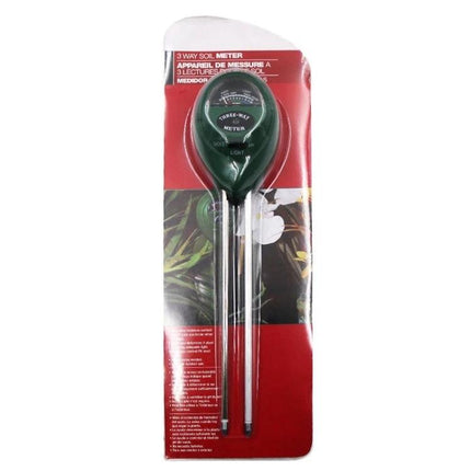 3-in-1 Soil Tester for Garden pH, Moisture, and Light Levels - green 3-way meter with double needle probes in retail blister pack
