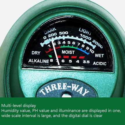 3-in-1 Soil Tester for Garden pH, Moisture, and Light Levels - close-up of analog dial showing pH, moisture and light readings