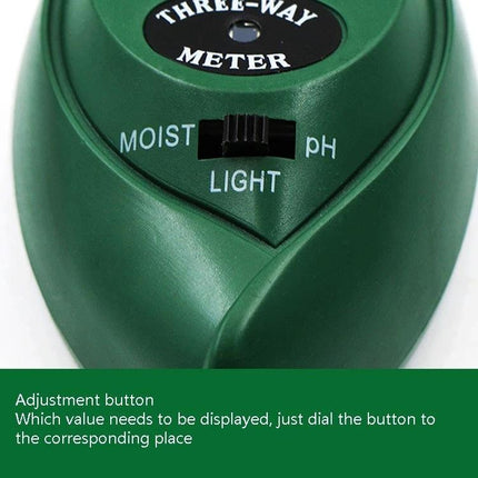 3-in-1 Soil Tester for Garden pH, Moisture, and Light Levels green three-way meter showing moist pH light switch for potted plants