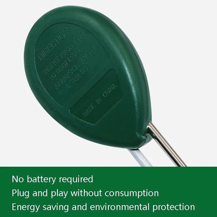 3-in-1 Soil Tester for Garden pH, Moisture, and Light Levels - close-up of green double-needle probe, no battery required, plug-and-play