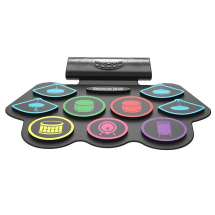 Electronic drum kit for beginner home music practice sessions - compact foldable silent practice pad with colorful drum pads and built-in speakers