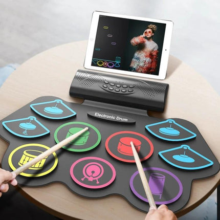 Electronic drum kit for beginner home music practice sessions - compact quiet foldable practice pad with tablet stand and colorful touch pads