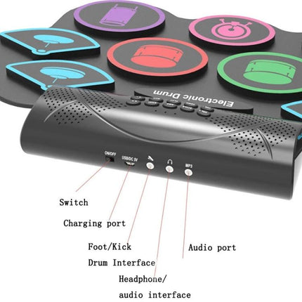 Electronic drum kit for beginner home music practice sessions — compact foldable electronic drum set with labeled ports for home practice
