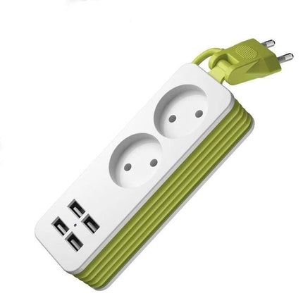 Zeoota EU Power Strip with 4 USB Ports and 2 Outlets for Daily Use - compact white and green unit with 2 AC sockets and 4 USB ports for home or travel