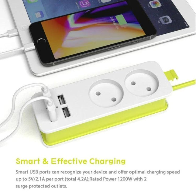 Zeoota EU Power Strip with 4 USB Ports and 2 Outlets for Daily Use - white power strip charging phone and tablet, 2 AC outlets and 4 USB ports
