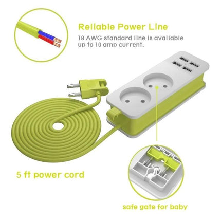 Zeoota EU Power Strip with 4 USB Ports and 2 Outlets for Daily Use - lime green 5ft cord, 2 AC sockets, 4 USB ports, child safety gate