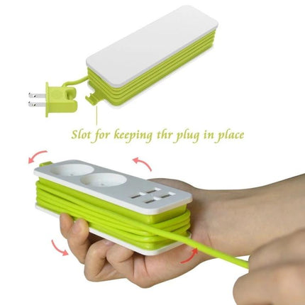 Zeoota EU Power Strip with 4 USB Ports and 2 Outlets for Daily Use - compact green cord-wrapped design showing plug slot and cable management