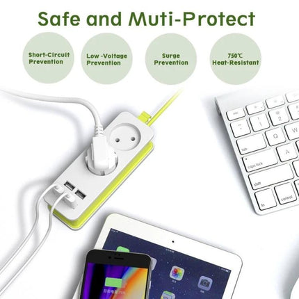 Zeoota EU Power Strip with 4 USB Ports and 2 Outlets for Daily Use - compact white EU power strip charging laptop, phone, tablet with safety protections