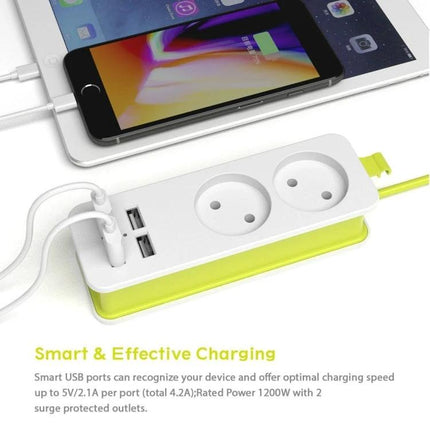 Zeoota EU Power Strip with 4 USB Ports and 2 Outlets for Daily Use - compact white power strip charging phone and tablet