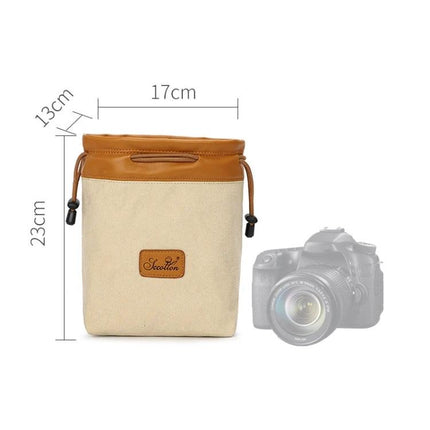 S.C.COTTON Waterproof Liner Bag for Digital Camera Protection beige canvas PU leather drawstring pouch 17x13x23cm