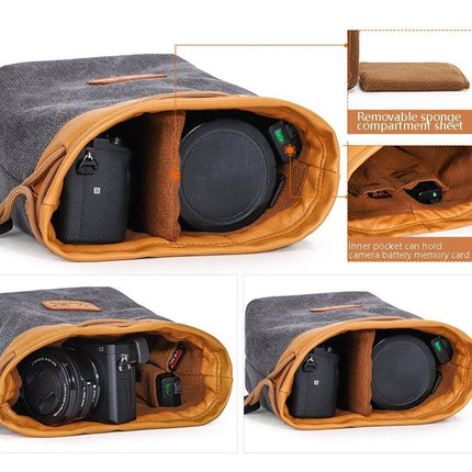 S.C.COTTON Waterproof Liner Bag for Digital Camera Protection - canvas PU leather fleece-lined camera insert with removable sponge compartment