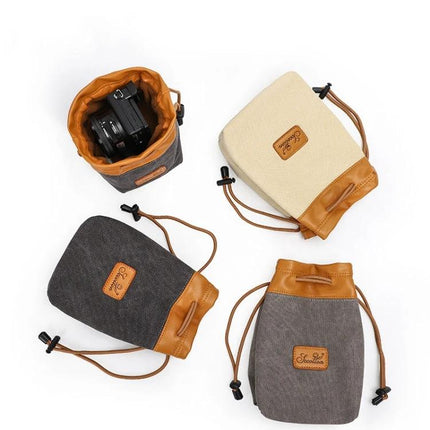 S.C.COTTON Waterproof Liner Bag for Digital Camera Protection in canvas and PU leather with fleece lining, drawstring camera pouch