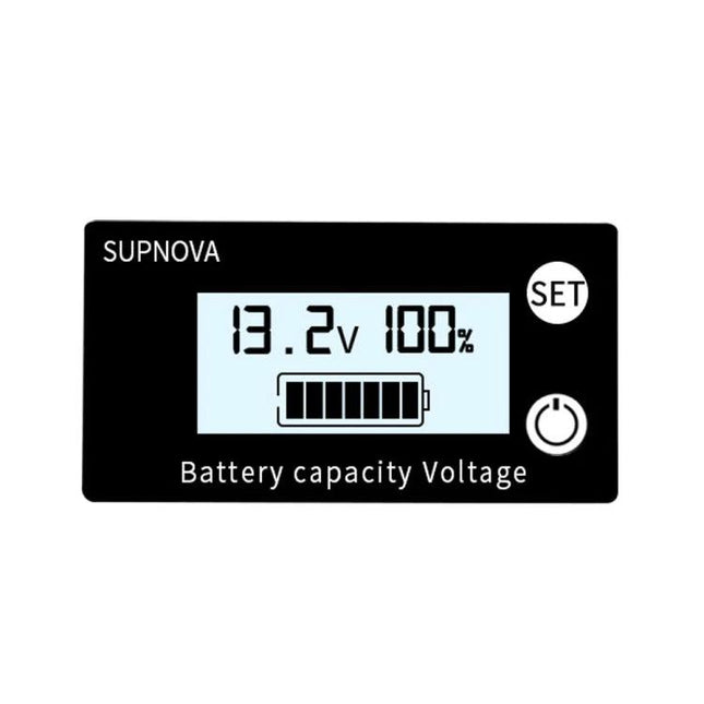 SUPNOVA Battery Capacity and Voltage Monitor for Vehicles compact display showing 13.2V and 100% battery level for cars, e-bikes, motorcycles