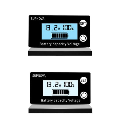 SUPNOVA Battery Capacity and Voltage Monitor for Vehicles compact dashboard display showing 13.2V and 100% battery