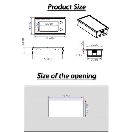 SUPNOVA Battery Capacity and Voltage Monitor for Vehicles rectangular panel dimensions and cutout size diagram