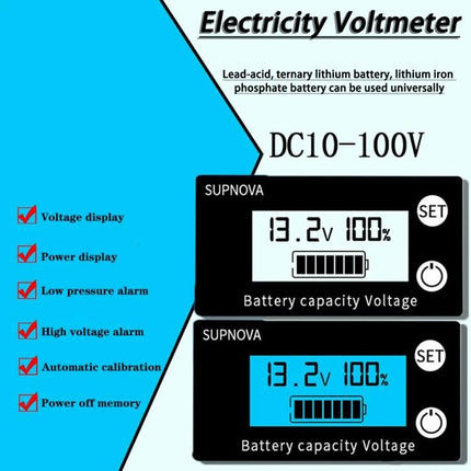 SUPNOVA Battery Capacity and Voltage Monitor for Vehicles compact DC10-100V voltmeter showing 13.2V and battery capacity percentage