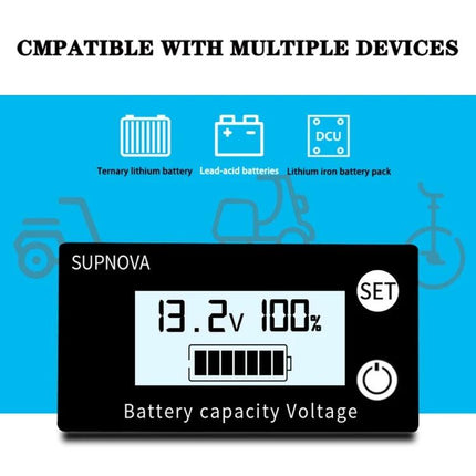 SUPNOVA Battery Capacity and Voltage Monitor for Vehicles compact display showing 13.2V and 100% battery for cars bikes scooters and power banks
