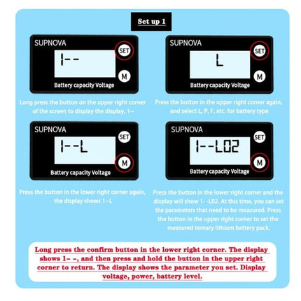 SUPNOVA Battery Capacity and Voltage Monitor for Vehicles displaying setup screens for battery voltage and capacity