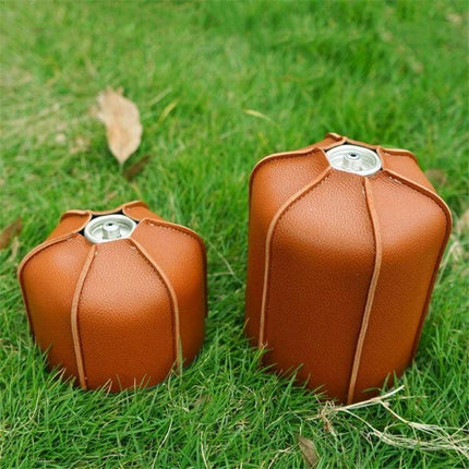 Outdoor PU Gas Tank Protective Cover For 230g And 450g Tanks in brown PU on grass, small and large sizes