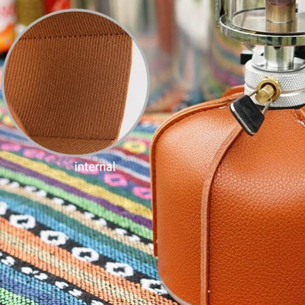 Outdoor PU Gas Tank Protective Cover For 230g And 450g Tanks brown PU protective cover on portable gas canister showing texture and stitching