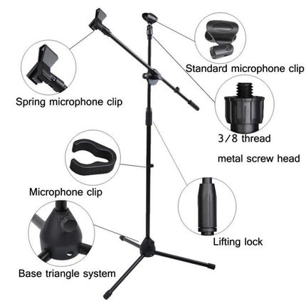 Microphone Stand for Stage and School Performances - adjustable carbon steel mic stand with spring and standard clips, lifting lock, base triangle
