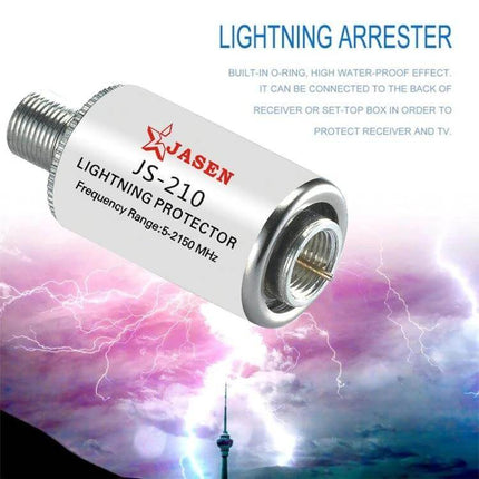 Coaxial Lightning Arrester for Satellite TV Protection Systems compact JS-210 lightning protector for home antenna and CATV surge defense