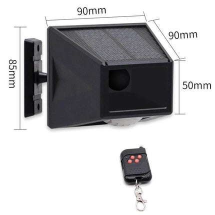 Wireless Solar Motion Sensor Alarm with Sound and Light compact black outdoor unit with solar panel, motion sensor and remote control, dimensions shown