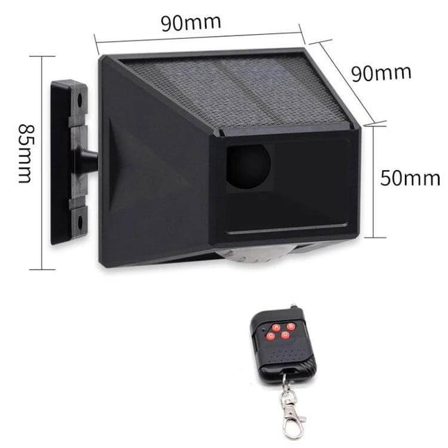 Wireless Solar Motion Sensor Alarm with Sound and Light compact black unit with solar panel, PIR sensor, wall mount and remote control