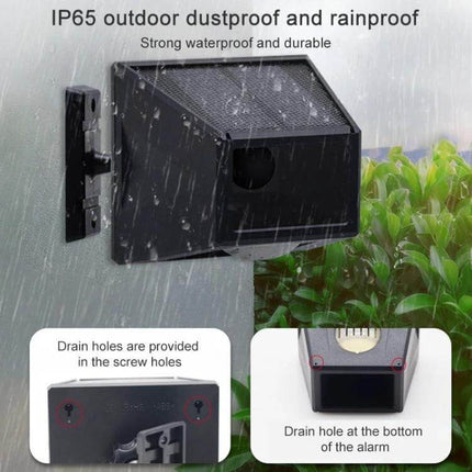 Wireless Solar Motion Sensor Alarm with Sound and Light mounted outdoors showing IP65 rainproof design and solar panel