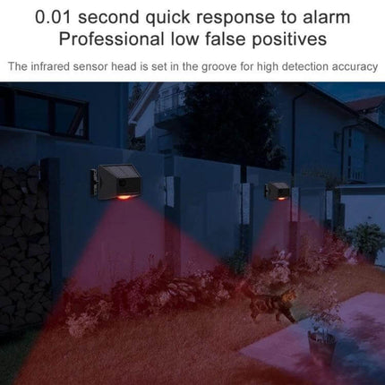 Wireless Solar Motion Sensor Alarm with Sound and Light mounted on a garden wall at night showing red LED detection beams and flashing light