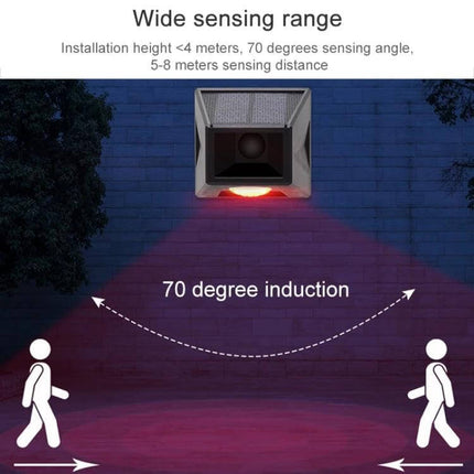 Wireless Solar Motion Sensor Alarm with Sound and Light mounted showing 70 degree induction and 5-8m wide sensing range at night