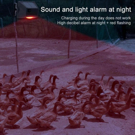 Wireless Solar Motion Sensor Alarm with Sound and Light installed over a farm yard at night with red flashing light and audible alarm