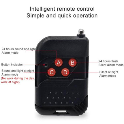 Wireless Solar Motion Sensor Alarm with Sound and Light remote control key fob showing A B C D buttons and mode labels