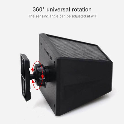 Wireless Solar Motion Sensor Alarm with Sound and Light black solar-powered motion alarm showing 360° adjustable mount and sensor
