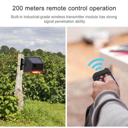 Wireless Solar Motion Sensor Alarm with Sound and Light mounted on fence post in vineyard with remote control showing 200 meters range