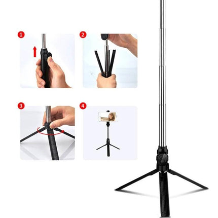 Tripod Selfie Stick for Everyday Photos and Group Shots showing compact tripod legs, extendable pole and phone mount in use