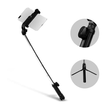 Tripod Selfie Stick for Everyday Photos and Group Shots showing extended pole, phone mount and foldable tripod base