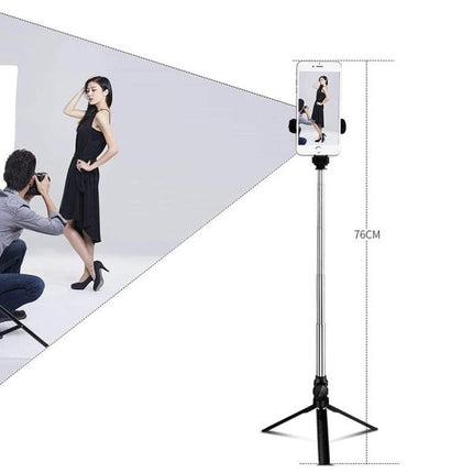 Tripod Selfie Stick for Everyday Photos and Group Shots showing a phone mounted at 76cm on tripod for steady group and solo shots