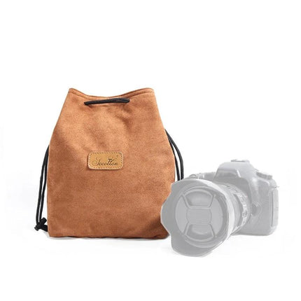 S.C. Cotton Protective SLR Lens Camera Bag with Liner Options in brown suede drawstring bag shown with DSLR lens