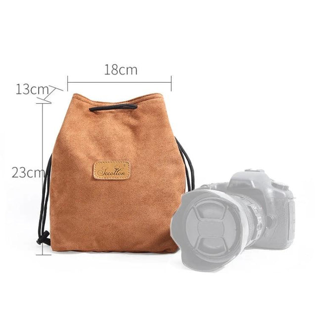 S.C. Cotton Protective SLR Lens Camera Bag with Liner Options – brown suede drawstring bag 18x13x23cm for SLR lenses and accessories