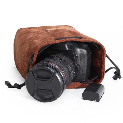 S.C. Cotton Protective SLR Lens Camera Bag with Liner Options showing DSLR camera and lens inside suede drawstring pouch