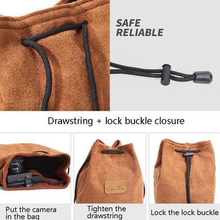 S.C. Cotton Protective SLR Lens Camera Bag with Liner Options drawstring closure and lock buckle shown on brown protective lens pouch