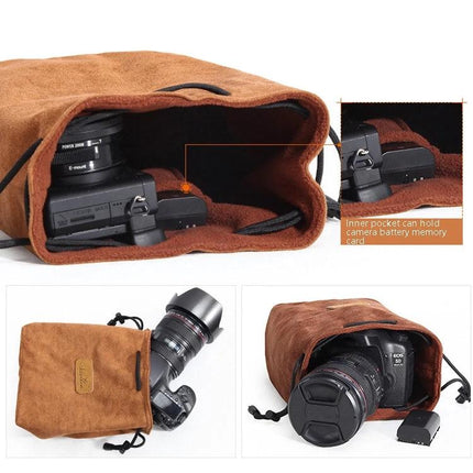 S.C. Cotton Protective SLR Lens Camera Bag with Liner Options holding SLR camera and lens, drawstring closure and inner pocket for battery/memory card