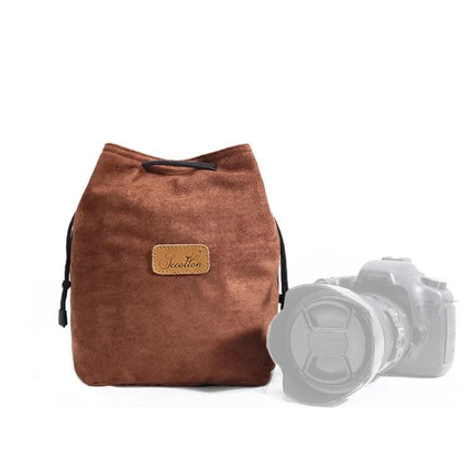 S.C. Cotton Protective SLR Lens Camera Bag with Liner Options in brown suede style, drawstring closure protecting SLR lens and accessories