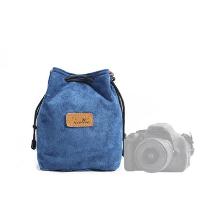 S.C. Cotton Protective SLR Lens Camera Bag with Liner Options blue drawstring lens pouch beside DSLR