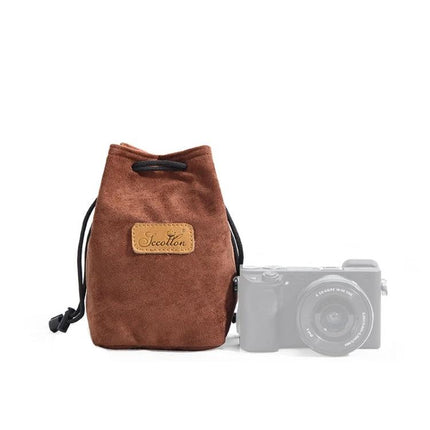 S.C. Cotton Protective SLR Lens Camera Bag with Liner Options brown suede drawstring lens pouch beside mirrorless camera