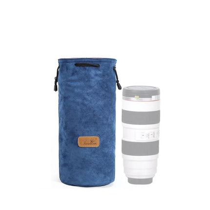 S.C. Cotton Protective SLR Lens Camera Bag with Liner Options in blue suede style pouch shown next to a telephoto lens for travel protection