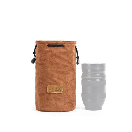 S.C. Cotton Protective SLR Lens Camera Bag with Liner Options in brown suede pouch protecting a telephoto lens